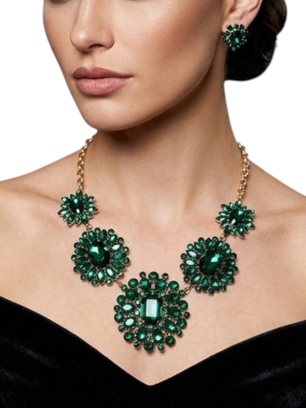 Natasha Emerald Green Rhinestone Statement Necklace Gold Tone NWT